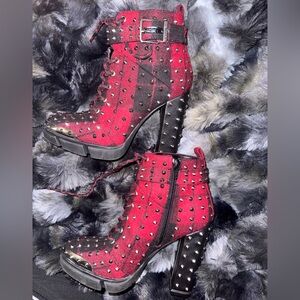 Gianni Bini Red Plaid Wool like Studded Lace-Up Boots